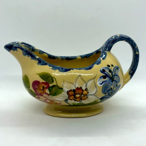 Alpine Pottery Gravy or Sauce Boat, 6-7/8” X 4-1/8”. Dark Cream with Floral. - Picture 1 of 6